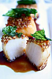 Honey Soy Glazed Sesame #Scallops with Fried Basil Leaves.  These are the best scallops I have ever had. www.wozzkitchencreations.com