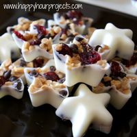 Bite size party bark using melted white cocolate,cranberries, toffee and chocolate in ice cube trays or candy trays