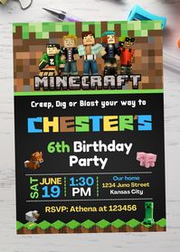 Minecrafter Birthday Invitations, Customized, Birthday Party Invitation, Game Theme, Digital File, 5x7 - Etsy