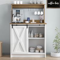 4ever2buy Farmhouse Coffee Bar Cabinet with 6 Hooks, White Coffee Bar Hutch with Storage, 50 Inch Buffet Cabinet with Sliding Barn Door, Coffee Bar Table with Adjustable Shelves for Living Dining Room