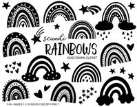 Scandinavian Rainbows Clip Art. Hand Drawn Nursery Art. Doodle Boho Rainbow Ilustrations. Minimalist Black and White Baby Rainbow Clipart. Hand drawn scandi minimalist rainbow clipart with single rainbows, premade rainbow arrangements with clouds and various cute baby and nursery themed elements - stars, raindrops, clouds in black or white color.