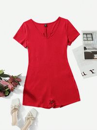 Red Casual Collar Short Sleeve Knitted Fabric Plain Unitard Embellished Slight Stretch Summer Women Plus Clothing