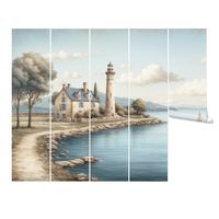 "Discover the serene beauty of 'A Land Far Away' mural, depicting a quaint lighthouse and charming cottage by a peaceful lake, perfect for inspiring dreams and adventures in any child's room."