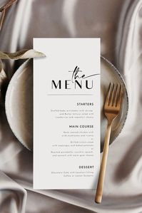 ♡ DESCRIPTION ♡ ☁️MAKE YOUR OWN TEMPLATE - COMPUTER EDITING ONLY Minimalist Wedding Menu Template, Modern Script Wedding Dinner Menu, Wedding Menu Template, Printable Menu Card, Instant Download, Digital This Minimalist Wedding Menu Template is a fully editable, classic and elegant design. Personalize your template in Templett, an easy to use template editor that works in your web browser. There's even a free demo to try! ✅No waiting ✅No software to install ✅No fonts to download. ---------------