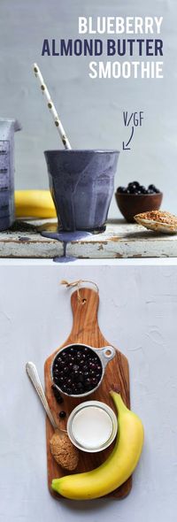 Insanely creamy and nutritional blueberry almond butter smoothie with almond milk, flax, and chia seed. The perfect healthy breakfast or afternoon snack.