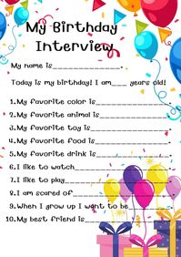 "My Birthday Interview Printable, a perfect gift to cherish for years to come.  You will receive 1 PDF Files.   (A Special Day or Child's Birthday Questionnaire)  The perfect, simple, gift for Mom, Dad, Scrapbook, Birthday or a special occasion.  Print off and fill in the answers, or for younger children have them dictate their answers to you.  **IMPORTANT NOTICE Please download your digital files to a COMPUTER. This is an instant download, print it yourself - NO PHYSICAL PRODUCT WILL BE SHIPPED. You will receive (1) high-resolution 8.5\" x 11\" PDF file of this artwork. INSTANT DOWNLOAD Your files will be available to download once payment is confirmed.  Print as many times as you like for one price!"