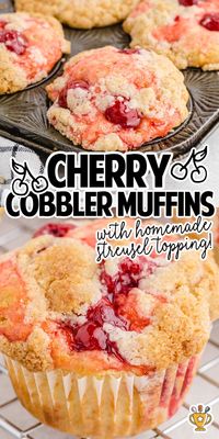 Easy cherry cobbler muffins are like having dessert for breakfast! Enjoy perfectly sweet muffins with a crunchy crumb topping made with pantry ingredients. #CherryCobblerMuffins #FruitDesserts #BakingLove #SummerTreats #MuffinRecipes #SweetIndulgence 🍒