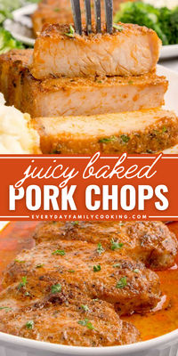 An easy homemade rub is what sets these baked pork chops recipe apart! Made with flavorful seasonings, brown sugar, and olive oil, it brings out the natural flavor in the meat, resulting in some seriously juicy baked pork chops.