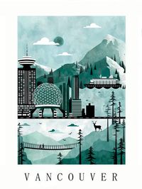 Travel poster illustration of the city of Vancouver, Canada.