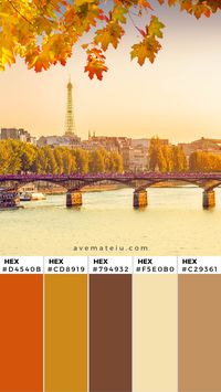 Pont des Arts and Seine river at sunny autumn sunset in Paris, France Color Palette 354 - Color combination, Color pallets, Color palettes, Color scheme, Color inspiration, Colour Palettes, Art, Inspiration, Vintage, Bright, Background, Warm, Dark, Design, Yellow, Green, Orange, Red, Purple, Rustic, Fall, Autumn, Thanksgiving, Autumn 2019, Nature, Seasonal, Wood, Wooden, Season, Natural