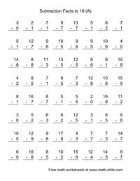 Vertical Subtraction Facts to 18 -- 64 Questions (A) Math Worksheet #freemath