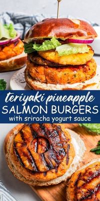 Get ready for the perfect salmon burgers! Moist salmon patties, grilled pineapple, red onion, lettuce, teriyaki, and sriracha-yogurt sauce come together in an explosion of flavors and textures.