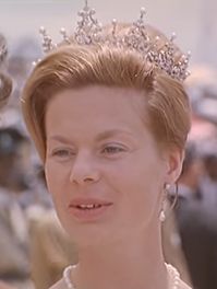 Katherine, Duchess of Kent, in a rare image of her wearing her mother-in-law's diamond festoon and pearl tiara at some point in 1960's