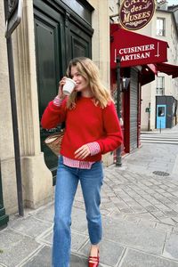 @elodieromy is wearing the Sézane Max red striped shirt and the Amiel crew neck knit sweater. Create unique outfits for everyday occasions by adding a pop of red to your outfit, pair it with jeans, red mary janes and an iconic basket bag. Check out all of Sézane's latest arrivals at Sezane.com.