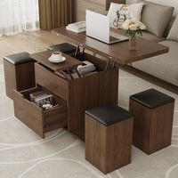 This lift-top storage coffee table set is a perfect space-saving furniture that provides ample storage and versatility. Underneath the table, there are four stools that can be pulled out and used as additional seating, footrests or storage cabinets.