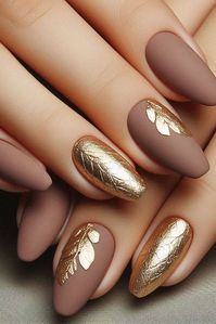 Matte Brown Nails with Gold