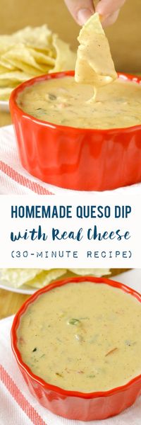 An easy homemade queso dip recipe made with three types of real cheese, onion, garlic, peppers, and spices in 30 minutes or less. Perfect for game day parties, holiday gatherings, or a relaxing night in!