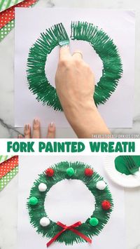 Fork Painted Wreath - a fun way to paint with a fork and make a wreath! An easy Christmas craft for kids.