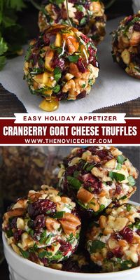 These festive Cranberry Pecan Goat Cheese Truffles are a perfect make ahead holiday appetizer! Loaded with creamy goat cheese, cinnamon, cranberries and crunchy pecans, these mini cheese balls are always one of the first appetizers to go. Plus, they only take 15 minutes to make!