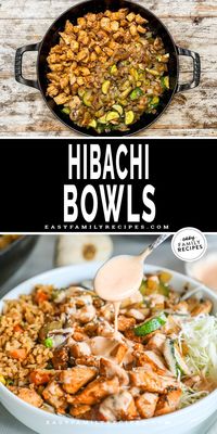 These Chicken Hibachi Bowls are so delicious! Full of protein and a variety of veggies, they’re healthy, too. With easy hibachi chicken, veggie fried rice, veggies and tasty yum-yum sauce, these hibachi bowls are a full meal in a bowl. This hibachi bowl recipe is perfect for meal-prep, too! The best Hibachi bowl recipe.