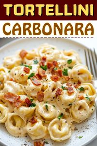 This tortellini carbonara is as indulgent as it gets! The incredible Parmesan cream sauce is enhanced with bacon. This dish is to die for.