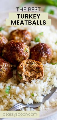 The Best Turkey Meatballs! Easy to make and flavorful healthy turkey meatballs made with few ingredients and no breadcrumbs. Bake in the oven. Low carb, gluten-free, and ready in 10 minutes! A great weeknight meal to serve over lettuce or rice!