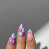 Marnie 🍒🌸🦋🌈✨ on Instagram: "a cutesy pink & turquoise mix and match 💘🐬🎀🦋💓

• rings from @luvaj ✨

#nails #nailinspo #mixandmatch #turquoisenails #pinknails #summernails #springnails #naildesign #nailart"