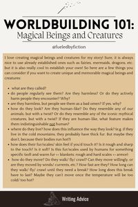 If you are interested to create your own magical beings and creatures into your fantasy story this pin will help you! Here are some tricks and ideas what to consider while creating unique magical beings. There will be a second part, so follow me if you are interested in this! Also click on the pin to go to my blog where you can find more in depth writing advice!  writing | fantasy | writing fantasy | magical beings | magical creatures | world building | world building fantasy | writer | creating beings and creatures | writing advice | writing tips  #writing #writer #fantasyworld #creativewriting #fyp #fiction #books #creature #magical #worldbuilding #fantasycreatures #writersofinstagram #writerscommunity #fanfiction