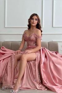 Long Elegant Pink Prom Dresses Off The Shoulder Formal Gown For Women