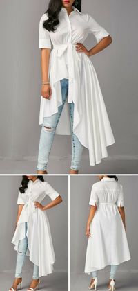 Asymmetric Hem Half Sleeve White Long Shirt, take a look on our site for more detail about this blouse.