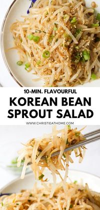 Flavourful 10-min. Korean Bean Sprout Salad (Sukju Namul). Crunchy bean sprouts seasoned in a simple and flavourful sesame garlic soy sauce. This is a popular Korean side dish that is served at many Korean restaurants. Recipe: https://christieathome.com/blog/korean-bean-sprout-salad/ #beansprout recipes #korean bean sprout side dish