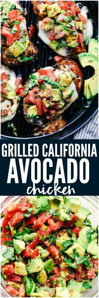 Grilled California Avocado Chicken marinates in an amazing honey garlic balsamic sauce and is grilled to perfection! It is topped with a thick slice of mozzarella cheese and avocados, tomatoes and basil. This chicken is INCREDIBLE!!