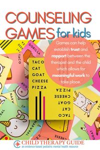 Taco Cat Goat Cheese Pizza: This is a fast-paced, easy-to-learn card game that disarms tension and helps a child feel at ease in a therapeutic setting.   Card games are FUN and while counseling can be hard work, it should also have elements of levity. Games can help establish trust and rapport between the therapist and the child which allows for meaningful therapeutic work to take place.  Visit Child Therapy Guide for recommended counseling games with Social-Emotional Learning cues.   Child Therapy Guide provides free printable PDF resources for teachers, school counselors, child therapists, and parents to support the healthy growth and development of children and adolescents. Check out our free conversation starters, writing prompts, and therapeutic activities!