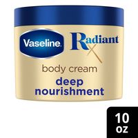 Vaseline Radiant X Deep Nourishment Niacinamide Body Cream is a rich, buttery formula that quickly absorbs into the skin. It contains 100% pure shea butter for intense moisturization and ultra-hydrating lipids to fortify the skin barrier. The formula is also enriched with coconut oil, vitamin C, niacinamide and peptides, leaving you with a soft, smooth and radiant complexion. Created with dermatologists, it provides 72hr moisturization without feeling greasy. This non-comedogenic formula is suit