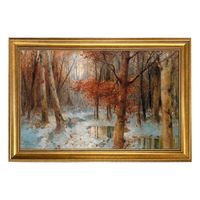 First Snow Framed Landscape Oil Painting Print on Canvas, Autumn, Snow, Woods, Trees