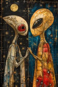 Cosmin Companions, Alien Love 4003 x 6000 pixels downloaded file. Cosmic Companions: This enchanting digital art piece showcases two aliens in a surreal cosmic setting. The left alien, with its slender form and a single red eye, exudes a sense of wisdom and depth. Its companion, golden-skinned with a large black eye, radiates warmth and mystery. Together, they stand hand-in-hand against a backdrop of stars and a luminous full moon, symbolizing an otherworldly bond. The intricate patterns on thei