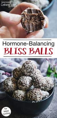 Feeling hormonal or getting hit hard by PMS? You're not alone! And thanks to nutrient-dense seeds that regulate female hormones, these natural hormone-balancing bliss balls with cacao and dates can help. They're chewy, succulent, and so very chocolate-y... the perfect easy recipe for any time of the month! #foods #chocolate #nutfree #blissballs #hormonebalance