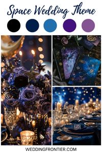 Pin this for when you're seeking a unique wedding idea! A space-themed wedding showcases celestial decor, cosmic-inspired menus, and astronomical attire that will take you and your guests on a journey through a universe filled with endless beauty and celebration. Ideal for sci-fi enthusiasts!