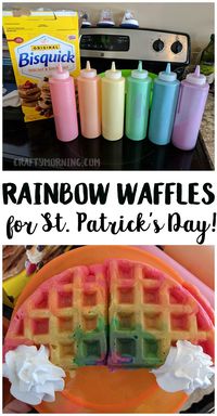 Make rainbow waffles for a st patricks day breakfast! The kids will love them. Easy fun idea that you can make pancakes too. #breakfastrecipes #breakfastwaffles #stpatricksdaybreakfastideas #stpatricksdayfood #waffles #rainbowcoloredfood #craftymorning