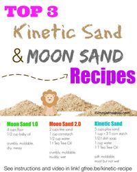 Top 3 recipes for Kinetic Sand and Moon Sand! Link includes instructional video and bonus: how to make colored kinetic sand!