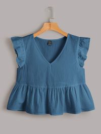 Blue Casual Collar Cap Sleeve Fabric Plain Peplum Embellished Non-Stretch Summer Women Clothing