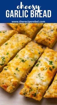 This Homemade Cheesy Garlic Bread recipe is packed with flavor, and it's so easy to make. Packed with herby flavors and three types of cheese, it's the perfect side dish for just about any meal! #dinner #recipe | easy recipes | garlic bread | cheesy bread | cheese bread | side dish | easy dinner