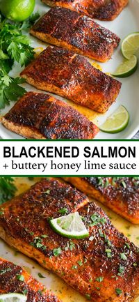 Blackened Salmon - Salmon fillets are liberally seasoned with a homemade cajun style seasoning then pan seared in a hot skillet until lightly charred and blackened. Then last but not least it's finished with a super flavorful and rich buttery honey lime sauce to compliment it. Recipe on cookingclassy.com.