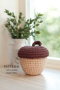 "🌟NOTE: this is not a ready made item, this is a digital crochet tutorial of how to create such basket. You can crochet a stylish fall decoration for your home with this acorn basket crochet pattern from T-shirt yarn. ! This is a simple pattern, however, to crochet a basket like in the photo, you need to be able to crochet split single stitches. The PDF file has a link to a video with English dubbing and subtitles on how to crochet with these stitches. INSTANT DOWNLOAD. PDF CROCHET PATTERN.  ●