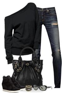 Black sweater, jeans, black bag, glasses and shoes for ladies