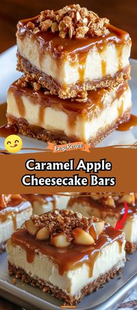 Experience autumn in every bite with Caramel Apple Cheesecake Bars. A buttery crust topped with creamy cheesecake, spiced apples, and a drizzle of rich caramel sauce—it's like your favorite fall flavors rolled into one delightful bar. #CaramelApple #CheesecakeBars #FallBaking