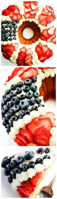 Red, White & Blue Bundt Cake with Fresh Berries ~ An easy and festive recipe of yellow cake topped with a whipped vanilla buttercream and fresh strawberries & blueberries.