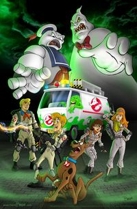 Here's an illustration mashing up Ghostbusters with Scooby Doo.  Also in the mix is the Ecto 1 mashed with the Mystery Machine.  Fred and Shaggy in the vintage outfits...Velma and Daphne ...