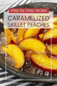 This easy skillet-fried peach recipe is incredibly delicious for something so easy to make. If you are looking for a quick fresh dessert to serve, this is it! These caramelized peaches come with just 4 ingredients and take less than 10 minutes of hands-on time from start to finish. Perfect on its own or served over ice cream, whipped cream, or coconut cream – this skillet will be your go-to summertime treat! #bakinglikeachef #caramelpeaches #friedpeaches | www.bakinglikeachef.com