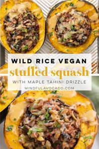 Sweet and savory vegan stuffed acorn squash is a classic Fall side dish that deserves to be the star of the show. Wild rice is combined with yummy Autumn goodies, then loaded into tender roasted squash halves. The whole thing is drizzled with a maple tahini sauce that is mind-blowingly amazing and perfect to enjoy alongside your favorite Thanksgiving foods. This easy vegetarian and vegan stuffed squash recipe is ready in under and hour! | mindful avocado